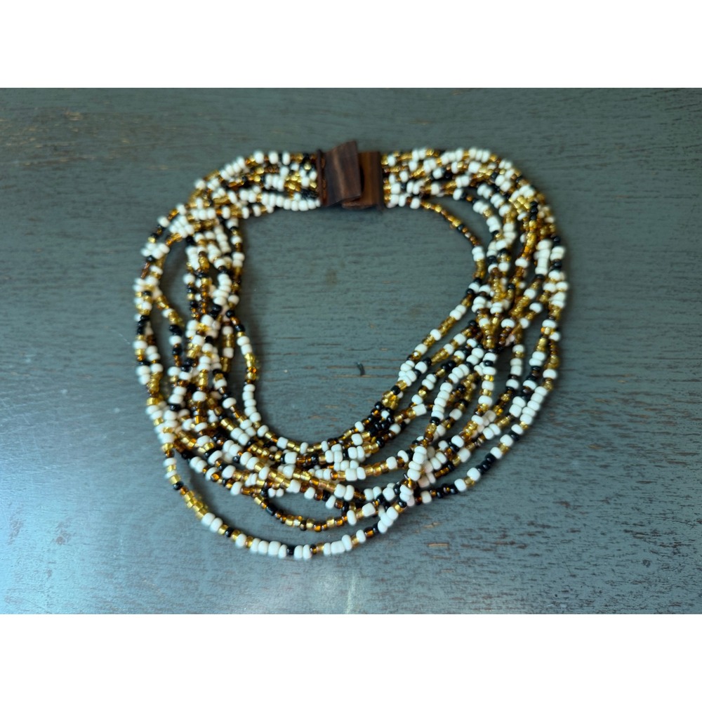 Multi Strand Seed Bead Necklace Wood Toggle Clasp White Black Amber Boho 17.5in